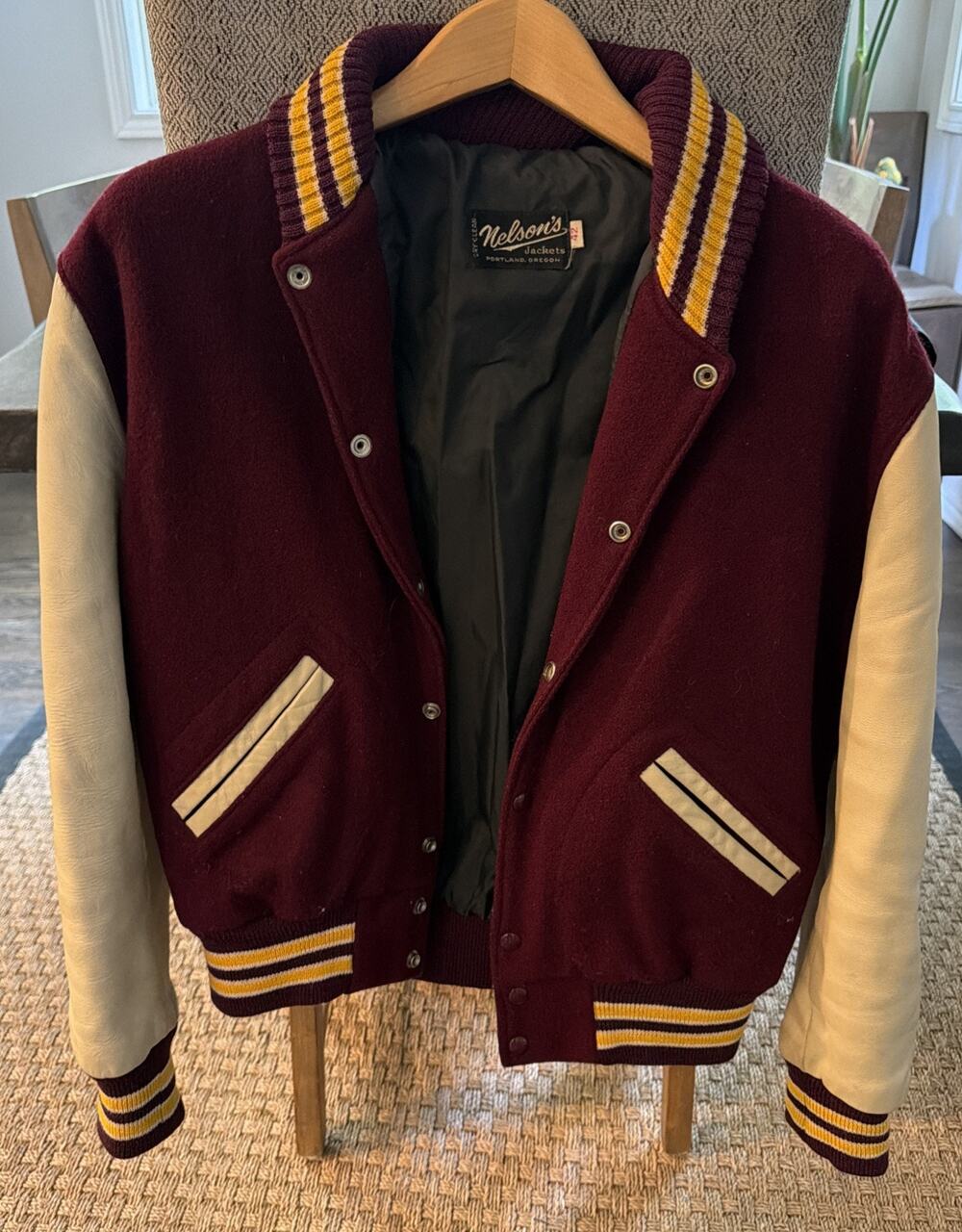VTG Nelsons Wool Leather Varsity Jacket Maroon/Gold Letterman Made In USA Sz 42